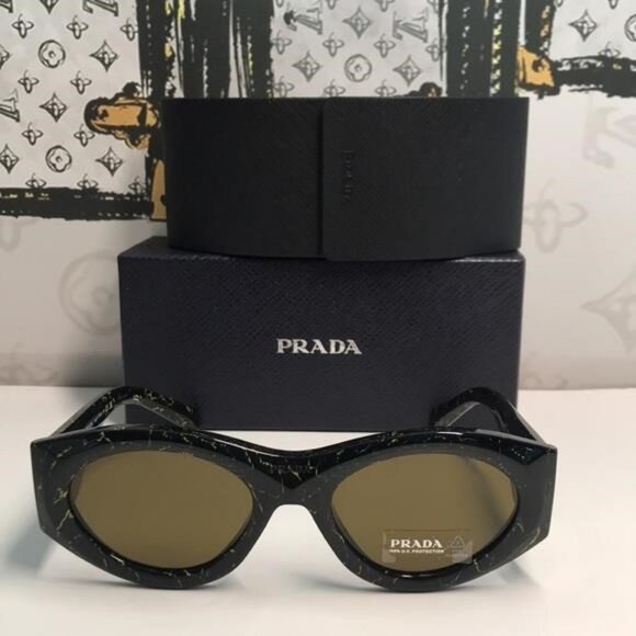 New Authentic Prada SPR 20Z Acetate Oval Symbole Sunglass– Black &Green Marbles - Picture 8 of 13